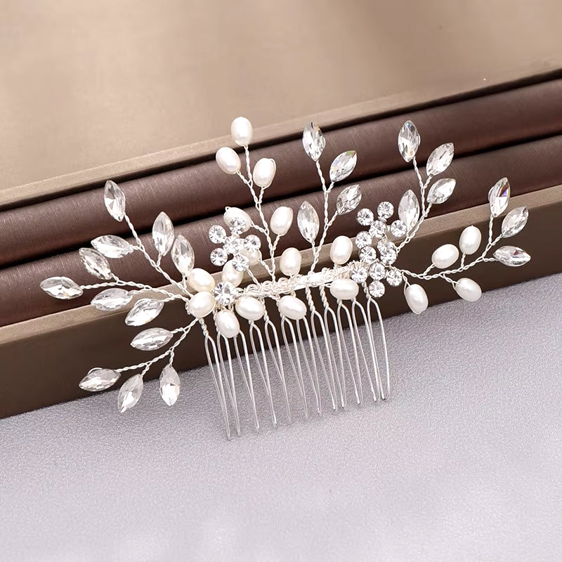 Silver Color Pearl Crystal Wedding Hair Combs Hair Accessories for Bridal Flower Headpiece Women Bride Hair Ornaments Jewelry