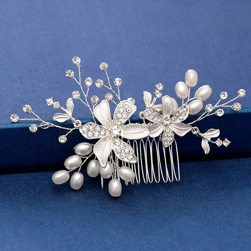 Silver Color Pearl Crystal Wedding Hair Combs Hair Accessories for Bridal Flower Headpiece Women Bride Hair Ornaments Jewelry