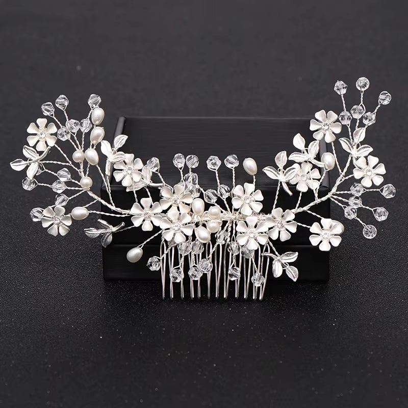 Silver Color Pearl Crystal Wedding Hair Combs Hair Accessories for Bridal Flower Headpiece Women Bride Hair Ornaments Jewelry